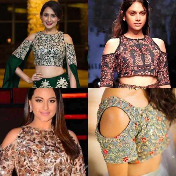 Cold shoulder saree blouse designs for lehenga