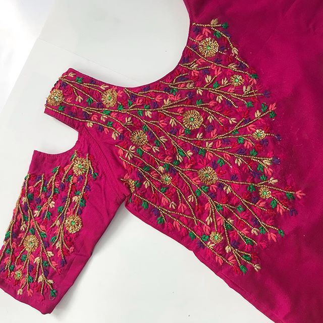 Floral embroidered cold shoulder saree blouse designs