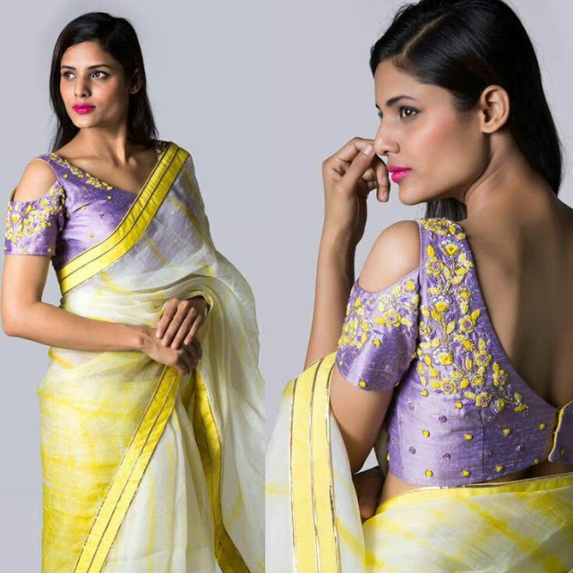 Floral embroidered cold shoulder saree blouse designs