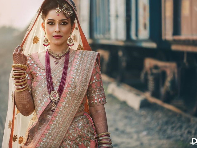 Peach Colour bridal lehenga for mehendi