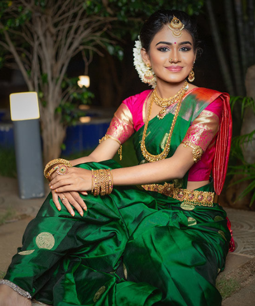 Green Saree with Pink Blouse