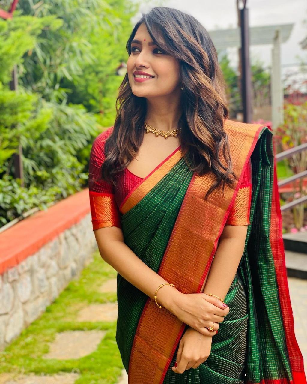 Green Saree with Red Blouse