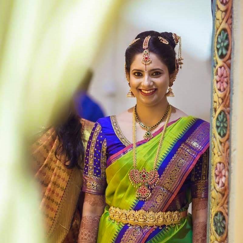 Parrot green silk saree with blue blouse