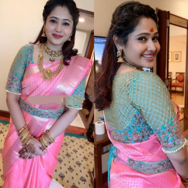 Pink Saree with Blue Blouse