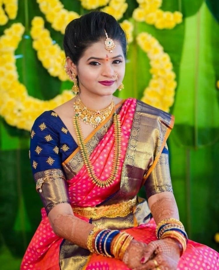 Pink Saree with Blue Blouse