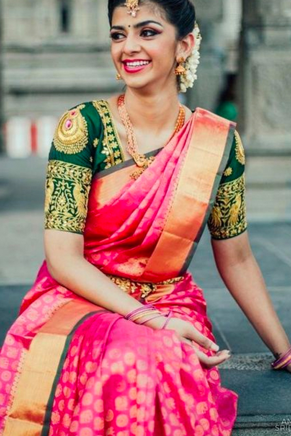 Pink Saree Green Blouse Combination