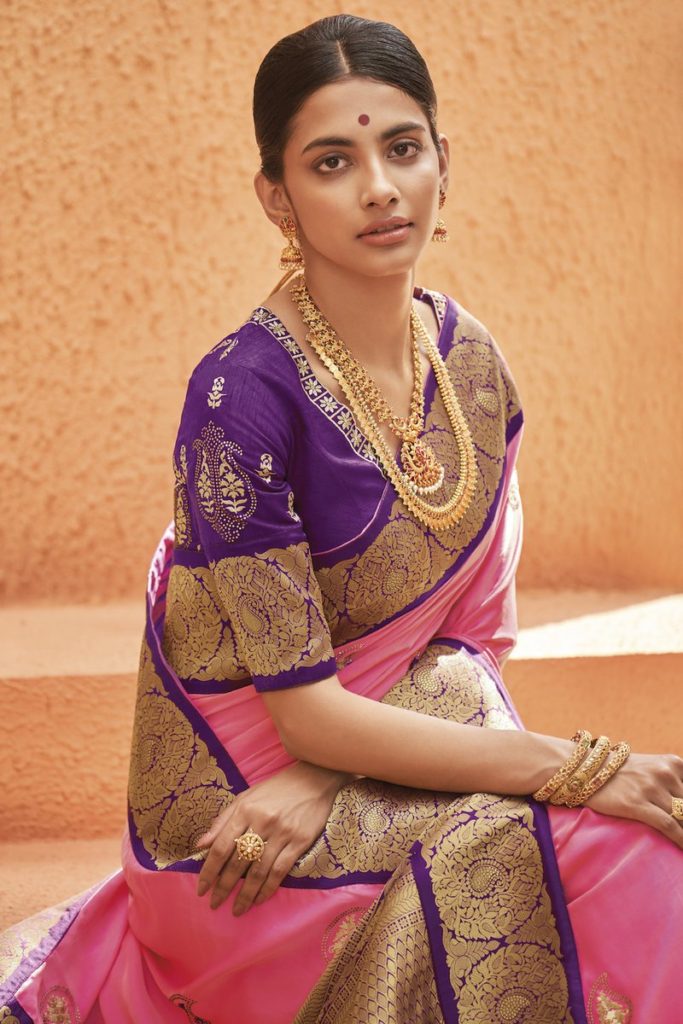 Pink Saree with Purple Blouse