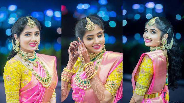 Pink Saree with Yellow Blouse