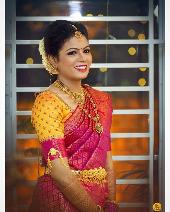 Pink Saree with Yellow Blouse