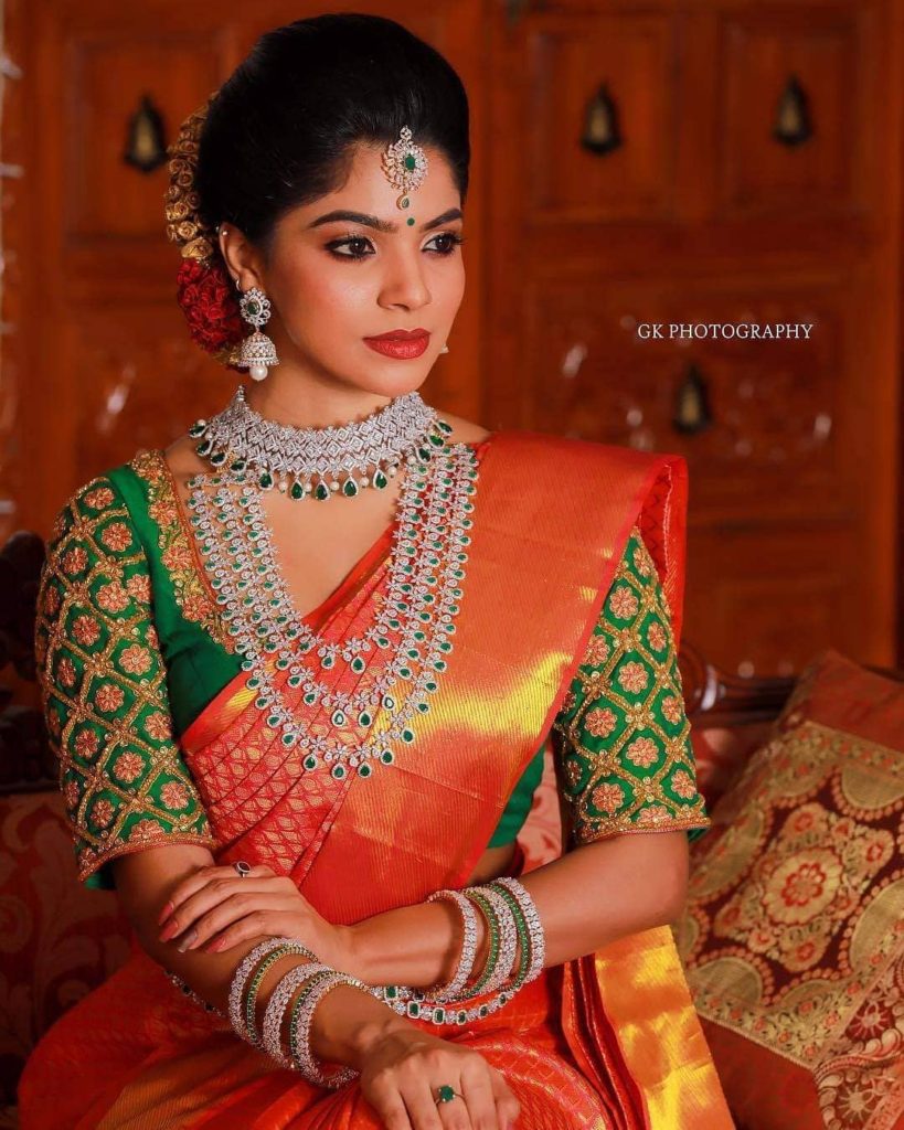 Wedding Red Silk Saree with Green Blouse