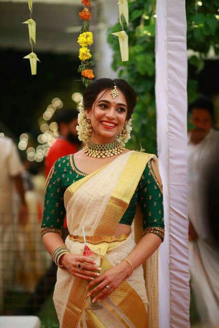 Kerala Saree with Green Blouse