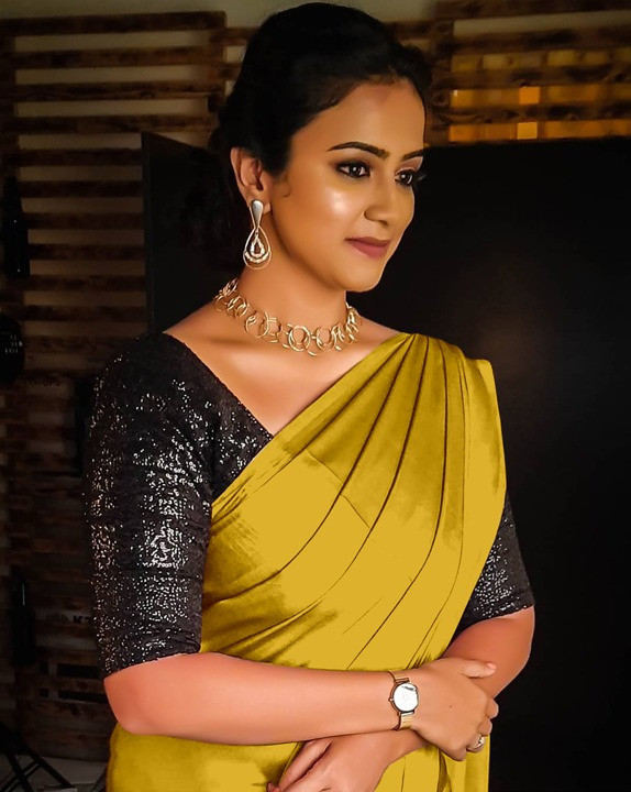 Plain Yellow Saree With Black Blouse