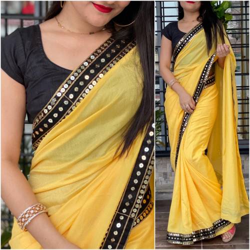 Plain Yellow Saree With Black Blouse