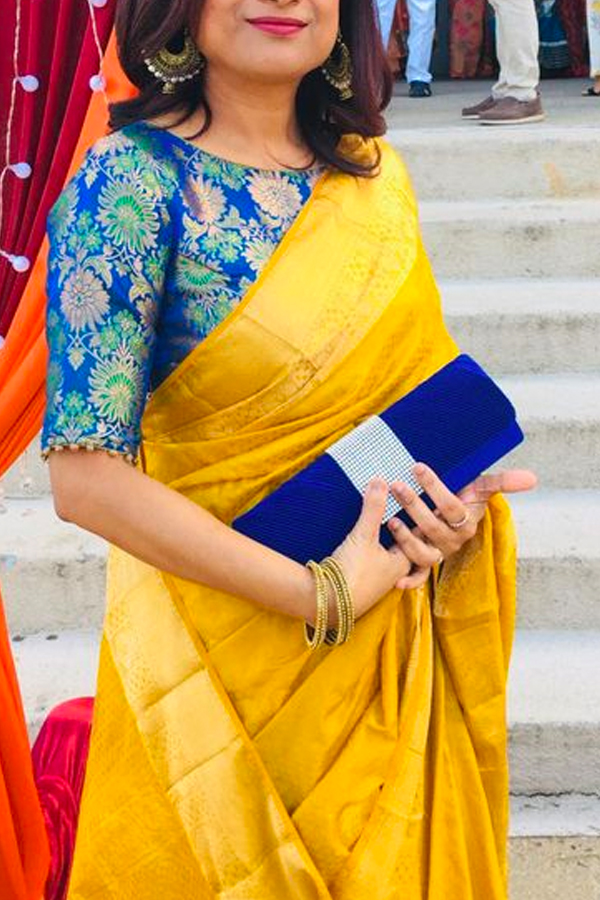 Plain Yellow Saree with Blue Blouse