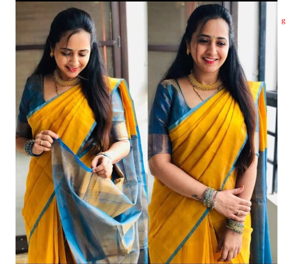 Plain Yellow Saree with Blue Blouse