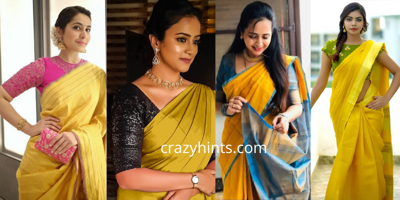 Plain Yellow Saree with Contrast Blouse Combinations | Crazy Hints