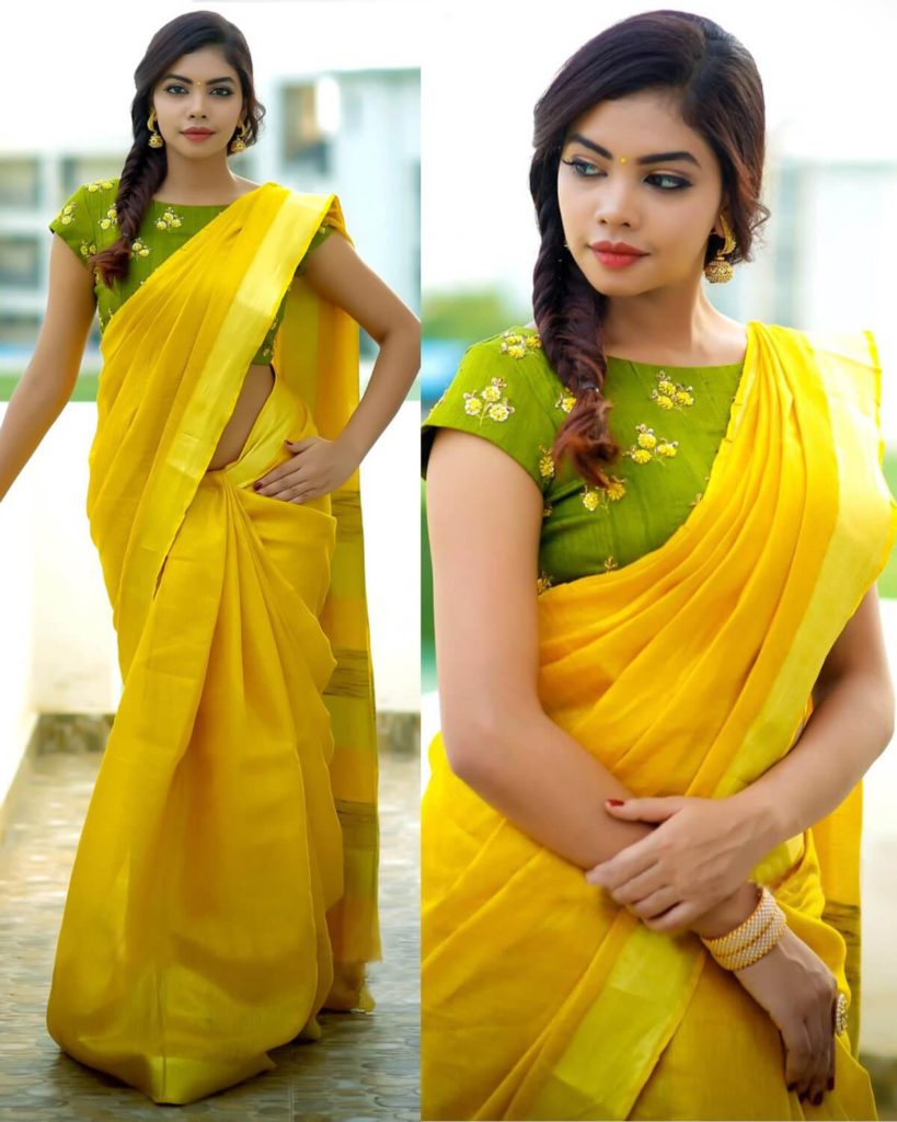 Plain Yellow Saree with Green Blouse