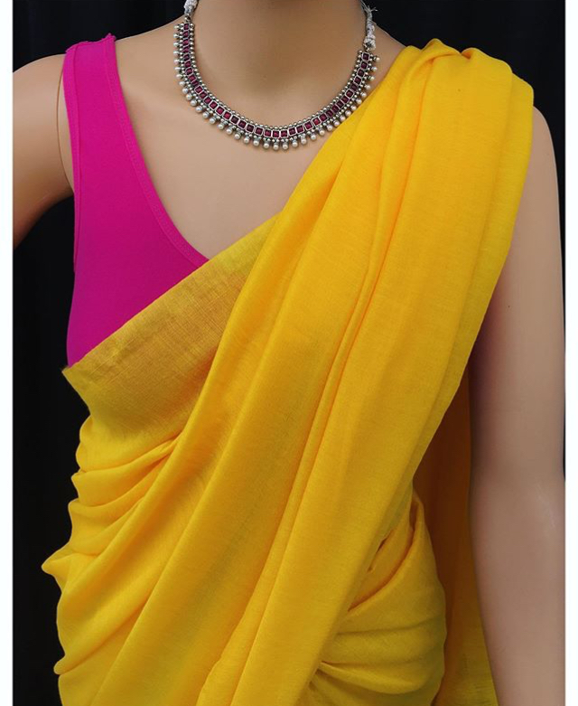Plain Yellow Saree with Pink Blouse