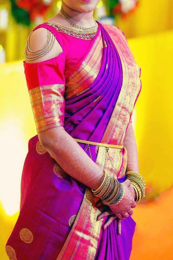 purple saree with pink blouse