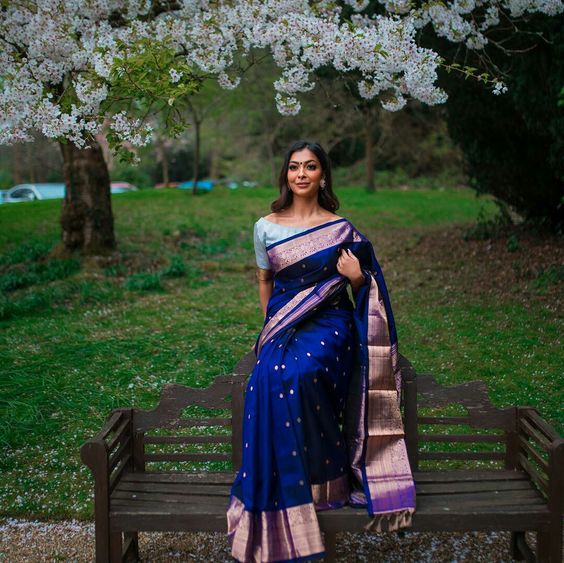 Dark Blue Saree contrast blouse 