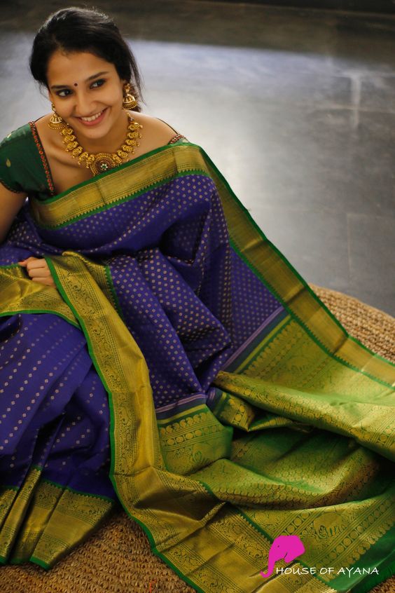 Blue Saree with Green Blouse