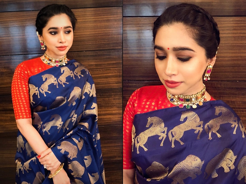 Blue Saree Contrast Blouse