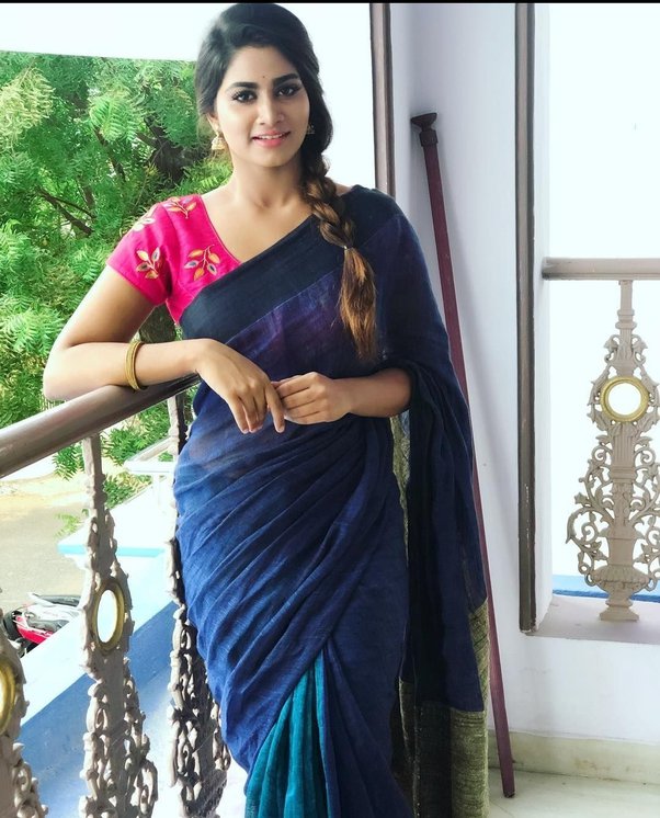 Blue Saree Contrast Blouse