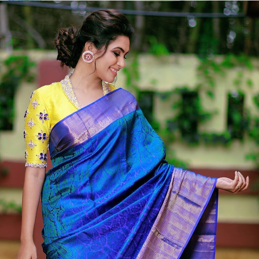 Blue Saree with Yellow Blouse