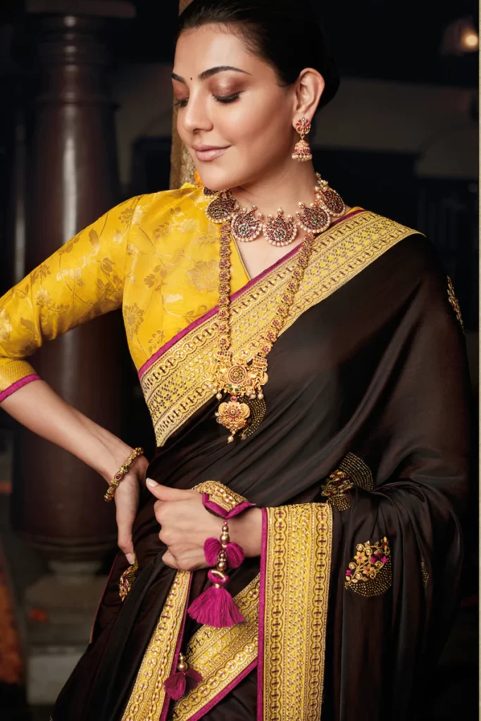 Black Saree with Yellow Blouse