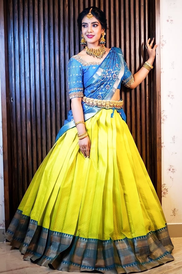 Blue and Yellow Half Saree Model