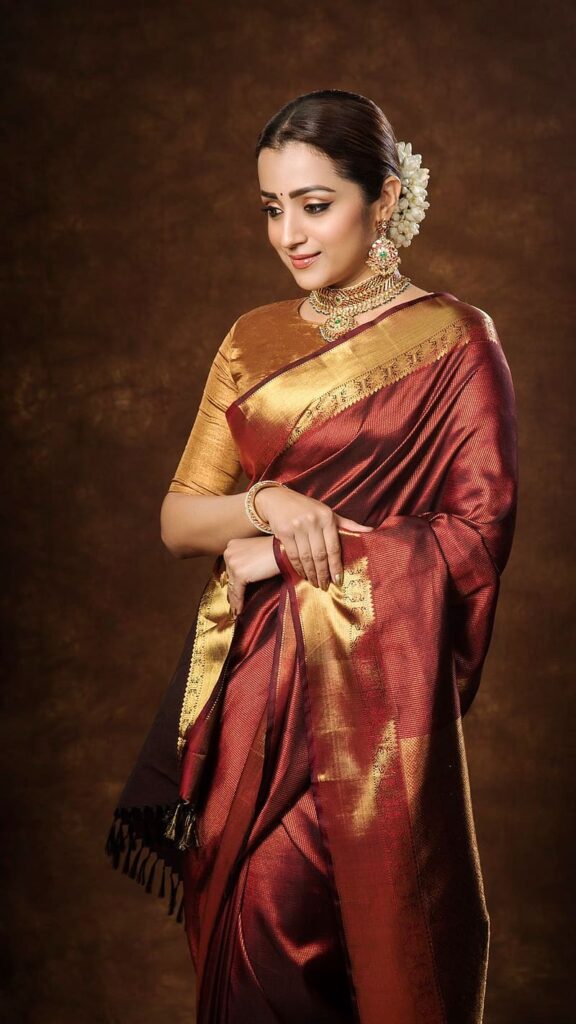 Maroon Pattu Saree with Golden Blouse