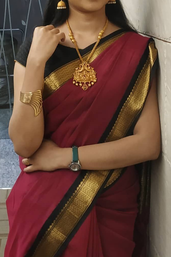 Maroon Silk Saree with Black Blouse