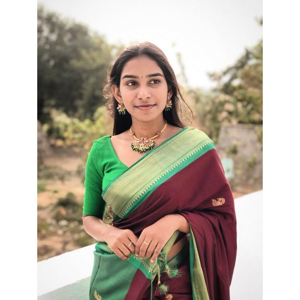 Maroon Saree with Green Blouse