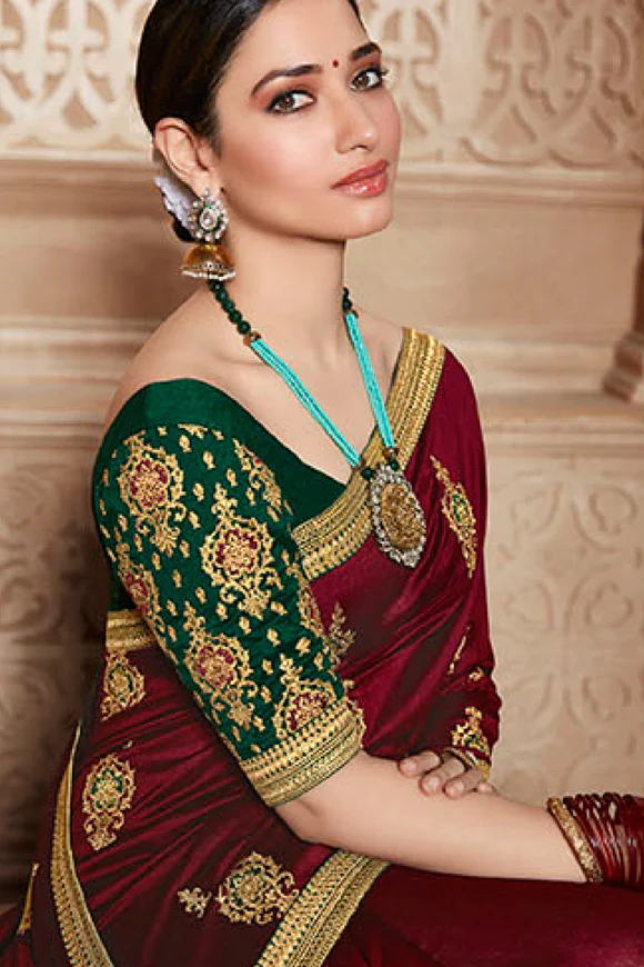 Maroon Designer Saree with Green Blouse