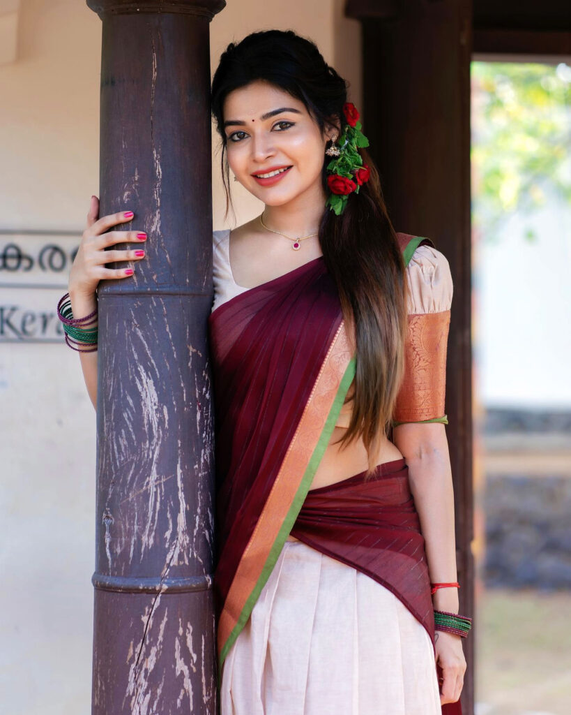 Maroon Half Saree with White Blouse