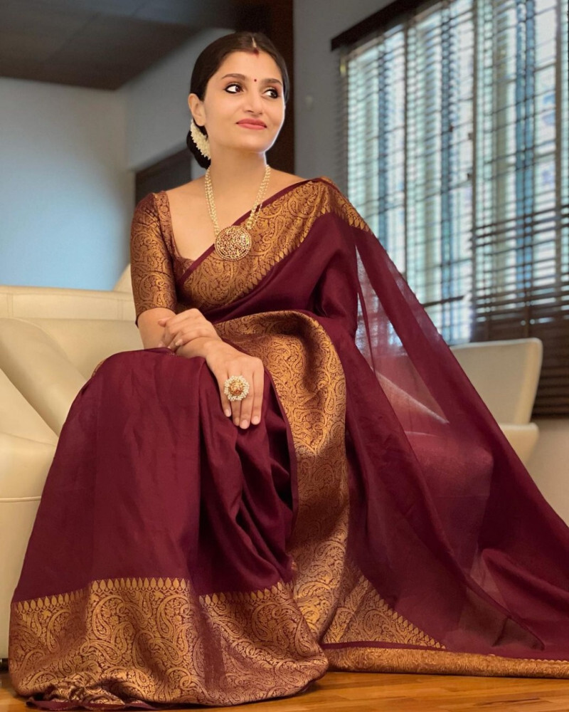 Maroon Saree with Golden Blouse