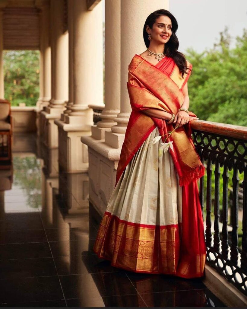 Red and White Half Saree