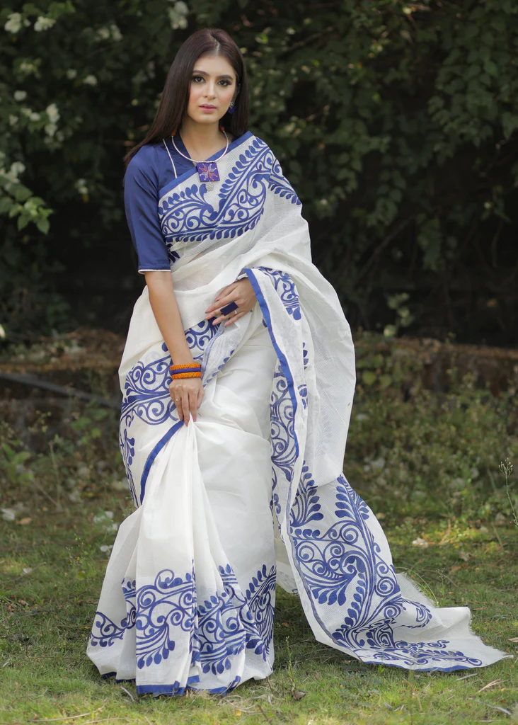 White Saree Blue blouse