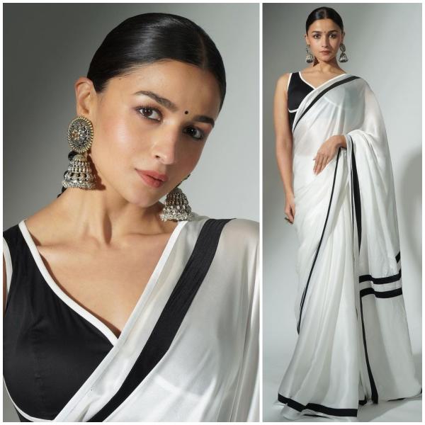 Plain White Saree with Black Blouse