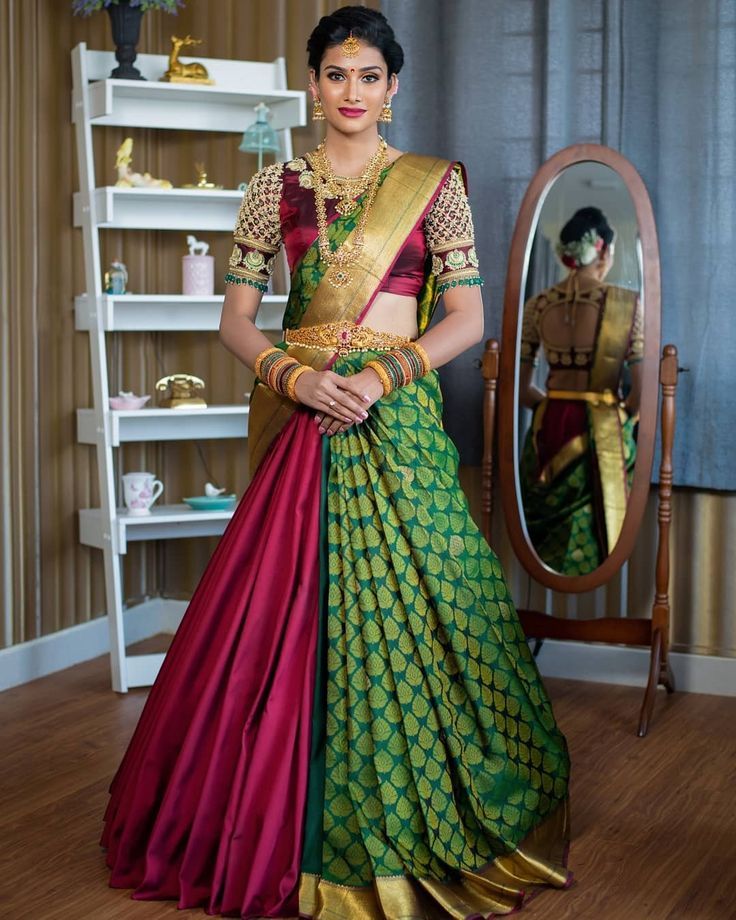 Green and Maroon Half Saree