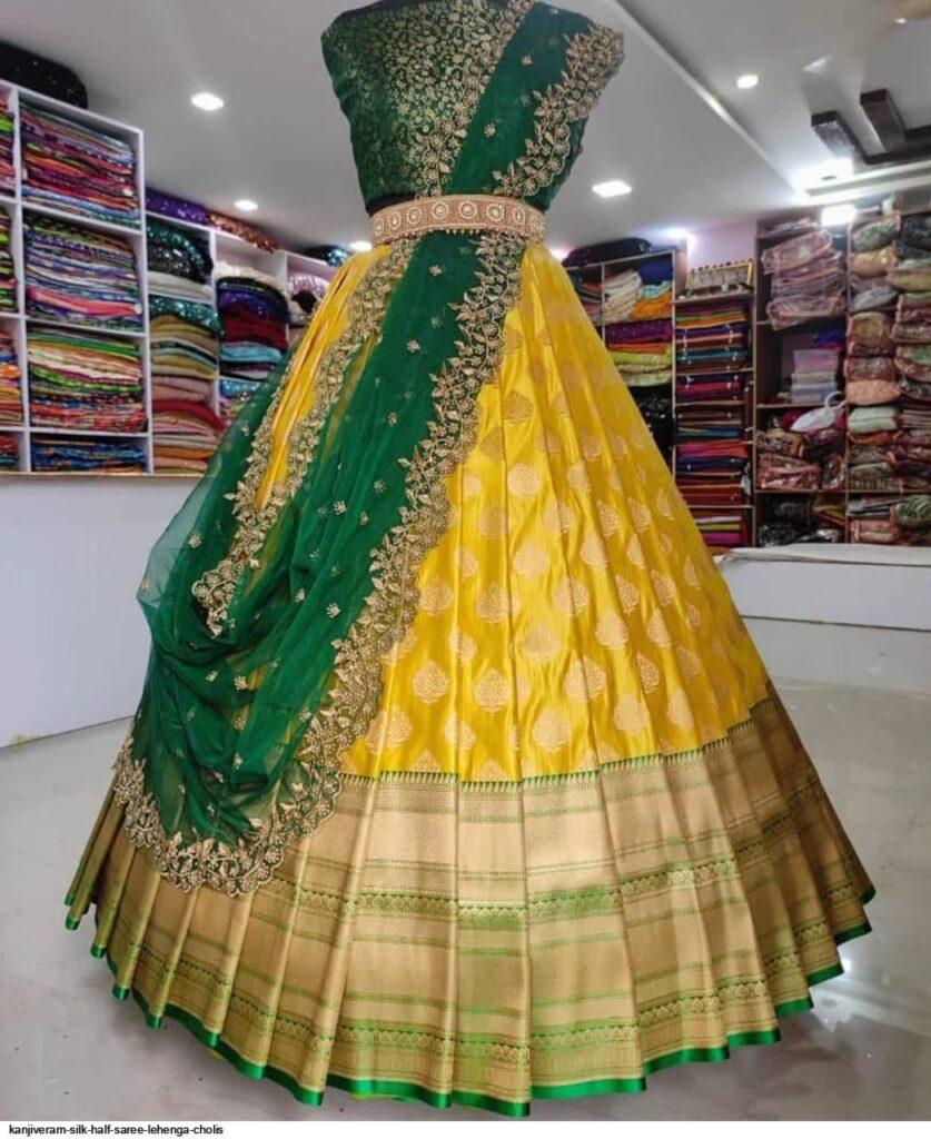 Yellow and Green Bridal Half Saree