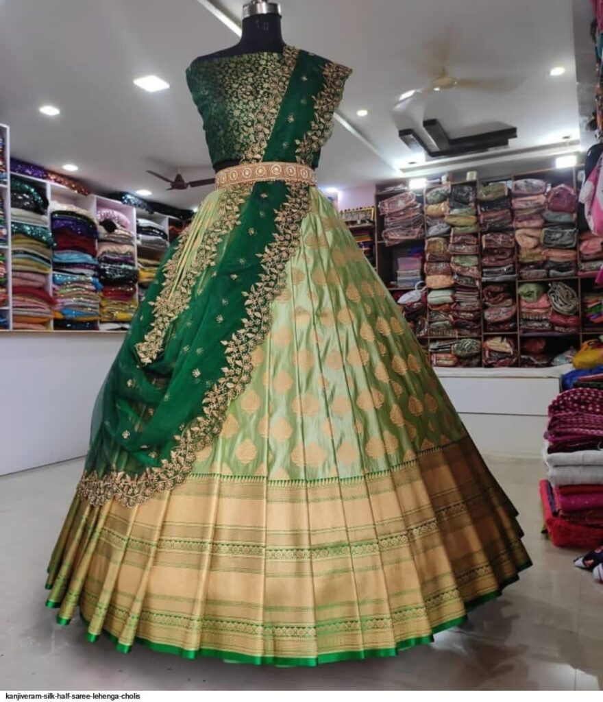 Green and Gold Half Saree Model