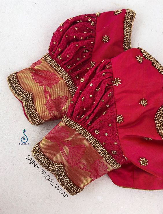 Red Puff Sleeve Aari Blouse