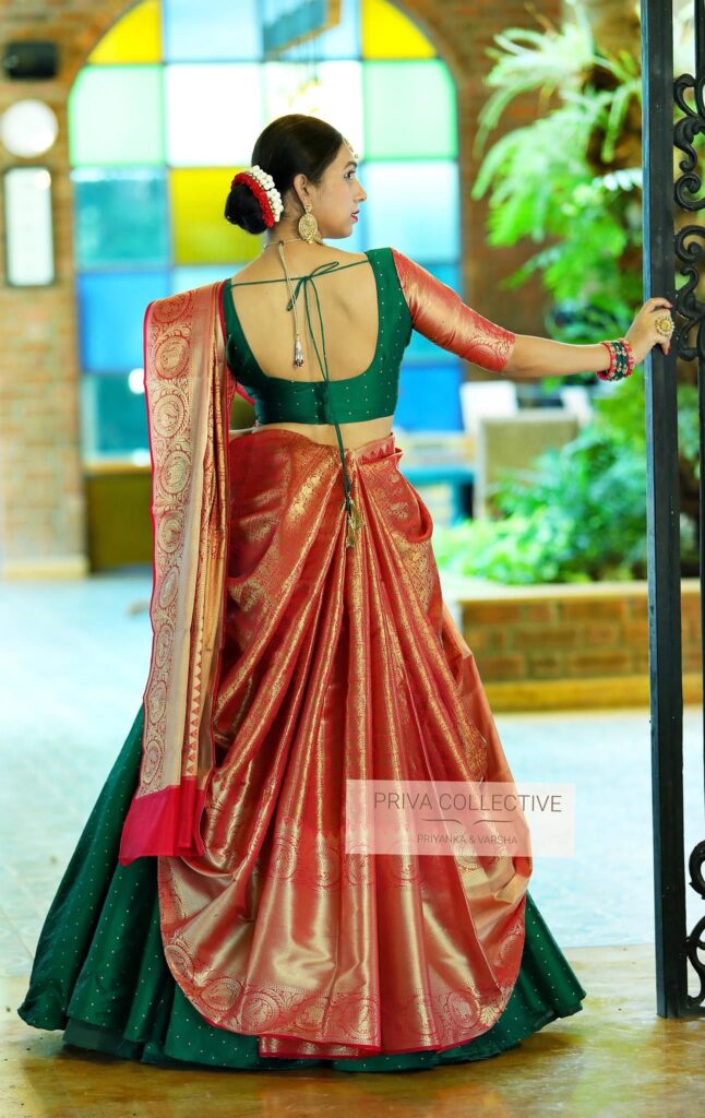 Saree Come Lehenga in Red and Green