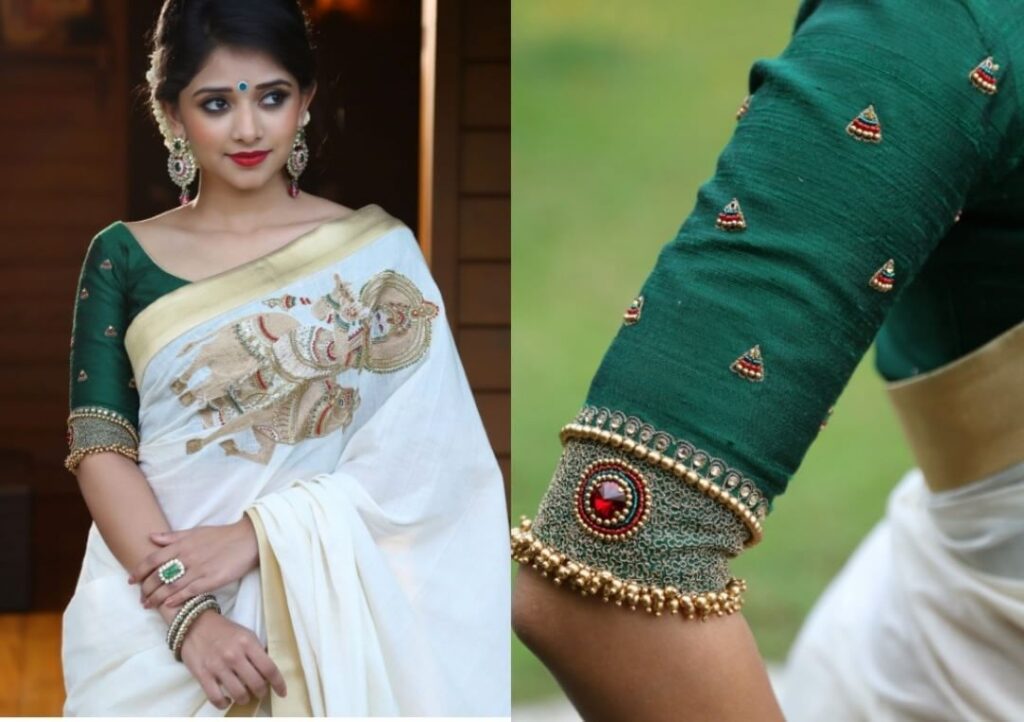 White saree Dark green blouse