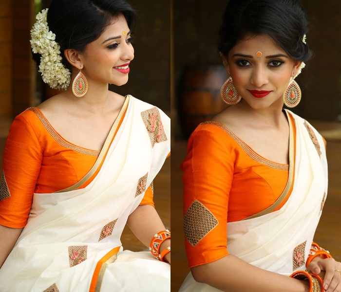 White Saree with Orange blouse