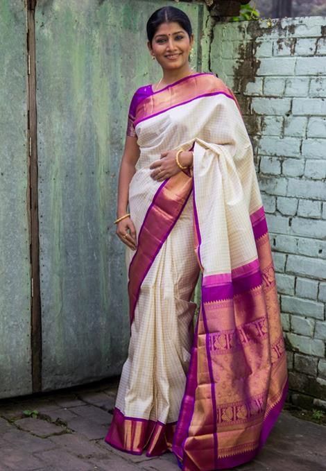 White Silk Saree with Purple Blouse