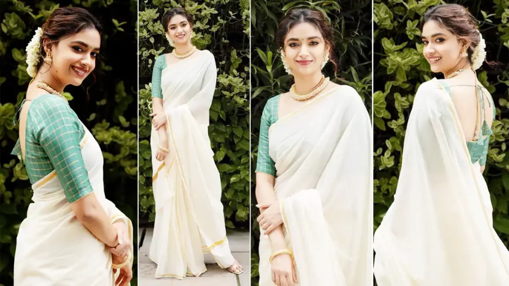 White Saree with Green Blouse