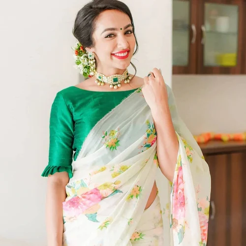 White Saree Green Blouse