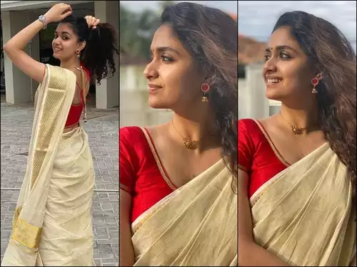 White Kerala Saree with Red Blouse